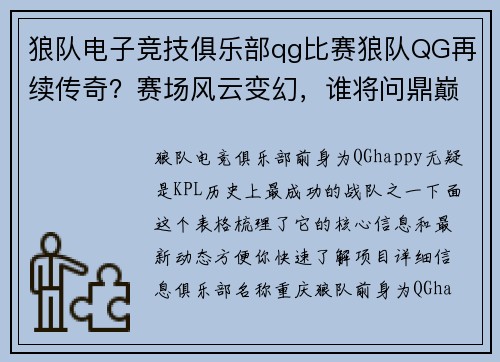 狼队电子竞技俱乐部qg比赛狼队QG再续传奇？赛场风云变幻，谁将问鼎巅峰巅峰